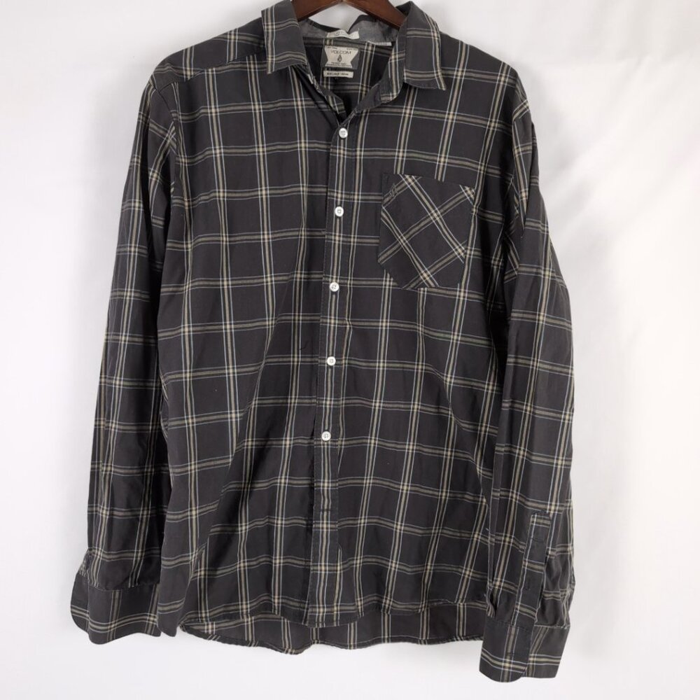 Volcom Men's Gray/Blue/Yellow Button Up Shirt Long Sleeve Box Checker, Large